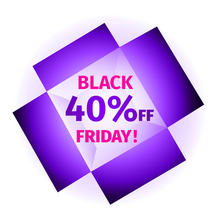Advertising banner in the form open purple box, glowing from the inside with the inscription Black Friday 40 percent off. Eps 10 vector.のイラスト素材