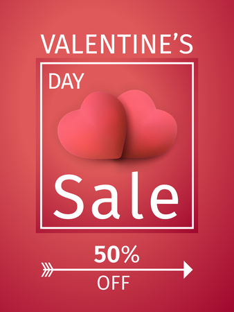 Valentines day sale vertical background with couple realistic 3D colorful red Hearts. Vector illustration. For use as wallpaper, flyers, invitation, posters, brochure bannersのイラスト素材