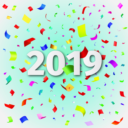 Happy New Year 2019 background. Vector illustration. Template for the design of the greeting card with tinsel, confetti. Festive Flyer Layoutのイラスト素材