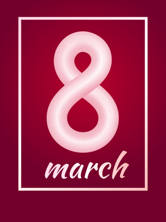 March 8 from pink abstract rounded curve with a frame on red background. International Womens Day symbol. Trendy 3d figure eight for greeting card, flyer or brochure templateのイラスト素材