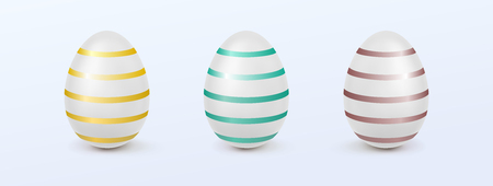 White Easter eggs with striped patterns of different colors. Traditional Christian religious symbols. Golden 3d egg set isolated on white background. Decor elements for design of Happy Easterのイラスト素材
