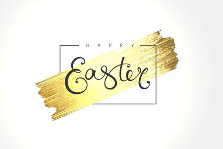 Happy Easter text lettering with gold glitter brush and frame on white background. Vector illustrationのイラスト素材