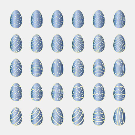 Icons set of light blue metallic Easter eggs with striped and dotted patterns. Vector decorative elements for design holiday greeting cards, invitations, announcementsのイラスト素材