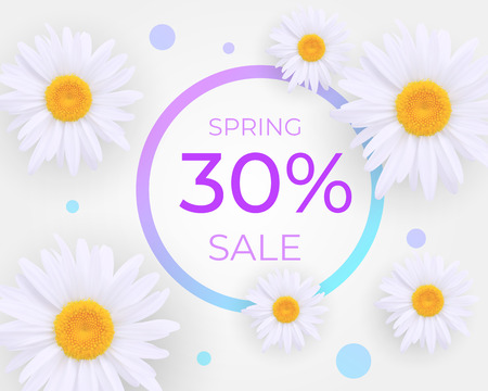 Spring Sale composition with realistic daisy, camomile flowers on white background. 30 percent discount in round frame. Vector realistic field chamomilesのイラスト素材