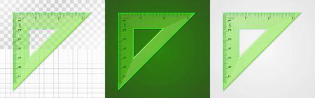 School supplies. Measuring tool. Green plastic transparent equilateral triangular ruler 7 cm and 3 inch for drawing lines, especially 90 and 45 degrees. Application examples on different backgroundsのイラスト素材