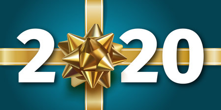 2020 happy New Year blue background with golden gift bow, crisscross gold ribbons for gifts and...