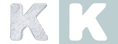 Ice Alphabet. Capital letter K isolated on white. Clipping mask included. 3D render. For design of postcards, flyers, advertising banners for seasons of summer heat, winter cold, Christmas, New Yearの写真素材