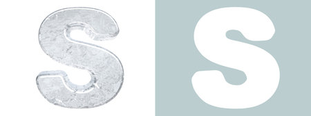 Ice Alphabet. Capital letter S isolated on white. Clipping mask included. 3D render. For design of postcards, flyers, advertising banners for seasons of summer heat, winter cold, Christmas, New Yearの写真素材