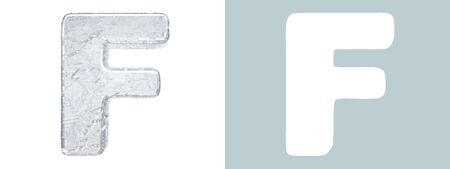 Ice Alphabet. Capital letter F isolated on white. Clipping mask included. 3D render. For design of postcards, flyers, advertising banners for seasons of summer heat, winter cold, Christmas, New Yearの写真素材