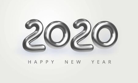 2020 Happy New Year greeting card. Holiday vector illustration of shiny silver metallic numbers 2020. Realistic 3d sign isolated on white. Festive poster, flyer or banner designのイラスト素材