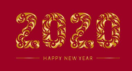 Happy 2020 new year gold vintage banner for your seasonal holidays flyers, greetings, invitations cards. Openwork hand drawn golden symbol lettering 2020 on red background. Patterned illustrationのイラスト素材