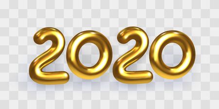 2020 Happy New Year. Holiday vector illustration of shiny golden metallic numbers 2020. Realistic 3d gold sign isolated on transparent. Design element for festive card or banner design. Mixed mediaのイラスト素材