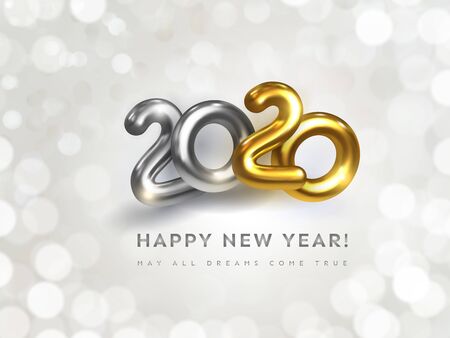 Happy New 2020 Year greeting card with wish text. Holiday vector illustration of golden metallic numbers 2020 on white background with bokeh. Realistic 3d silver and gold sign. Festive banner designのイラスト素材
