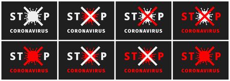 Stop coronavirus sign. Coronavirus outbreak alert. Fight against coronavirus. Pandemic medical concept with dangerous cells. Set of warning banners, posters, flyers, announcements. Vector illustrationのイラスト素材