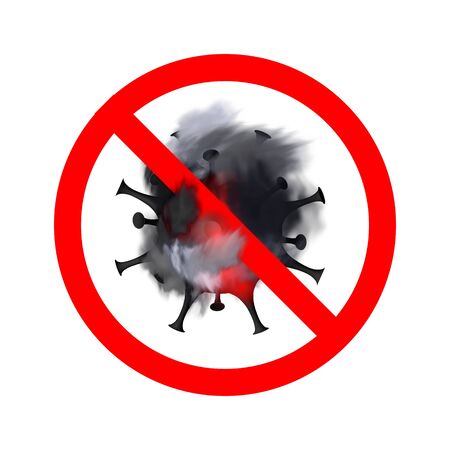 Coronavirus SARS-CoV-2 warning. Stop COVID-19 pandemic. Abstract virus strain. Novel coronavirus burns and is crossed out with red STOP sign. Medical concept with dangerous cells. Vector illustrationのイラスト素材