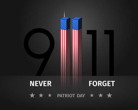 9/11 USA Patriot Day. Never Forget September 11, 2001. Conceptual illustration for Patriot Day US poster or banner. Twin Towers stylized with American flag on black background. Vector illustrationのイラスト素材
