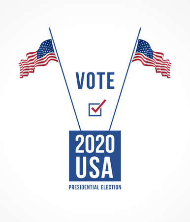 US presidential election 2020. USA election poster with box, text, check mark symbol and two waving flags with flagpole isolated on white background. Vector illustrationのイラスト素材