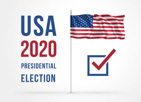US presidential election 2020. USA election poster with text headline, check mark symbol and waving flag with flagpole isolated on white background. Vector illustrationのイラスト素材