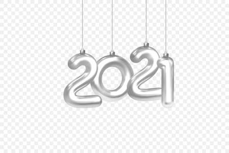 2021 New Year Design Element Template. Christmas Decorations Hanging on a Silver chain Silver number 2021 on checkered background. Shiny Silver 3d object. Realistic 3d Vector illustrationのイラスト素材