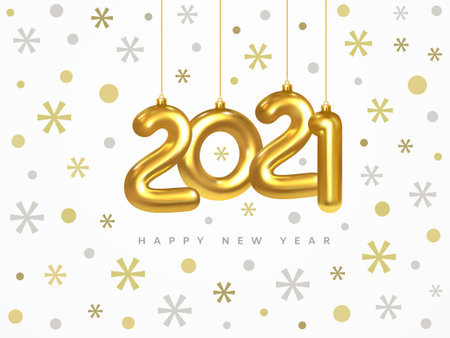 2021 New Year Card. Christmas Decorations. Gold Number 2021 Hanging on a Gold Chain surrounded by...