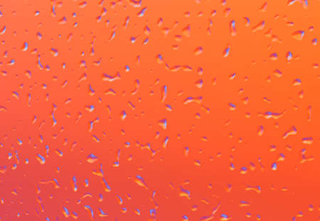 Water drops with neon purple, ultraviolet and blue reflection on red orange colored background. Trendy backdrop for your design. 3d render illustrationの写真素材