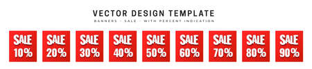 Sale percentage, great design for any purposes. Red banners with white 3D text with shadow Sale and Discount Percent - 10, 20, 30, 40, 50, 60, 70, 80, 90. Discount coupon icon set. 3D vector cardのイラスト素材