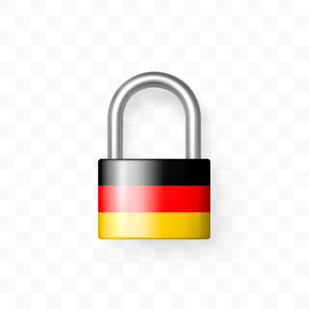 Secure enclosed padlock decorated with the German flag. Isolated object on checkered background. Lock icon. Data protection, Security Secret information, Border is locked, Lockdown concept. 3d vectorのイラスト素材