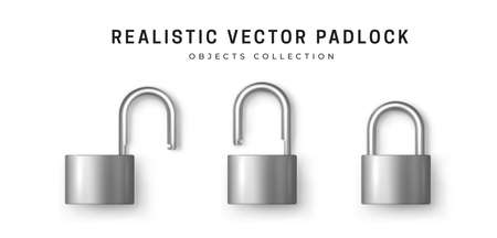 Metal robust secure padlock. Set of realistic padlocks in different states - open, closed. Isolated object. Padlock icon. Secret information concept. Safety background. Vector 3d illustration.のイラスト素材