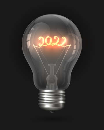 2022 New Year light bulb. Realistic light bulb with a filament in the form of the number 2022. Incandescent light bulb, glass lamp object. Christmas and New Year decoration. 3d vector illustrationのイラスト素材