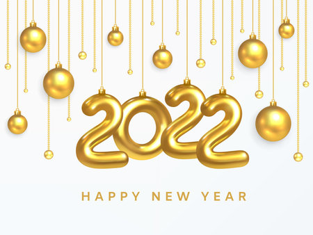 2022 New Year card. Design of Christmas decorations hanging on a gold chain gold number 2021....