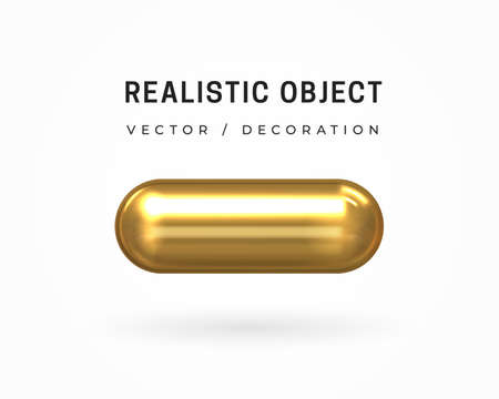 Golden metal capsule. Volumetric geometric shape. Isolated on white. 3d object design. Bright gold decoration. Realistic 3d vector illustrationのイラスト素材