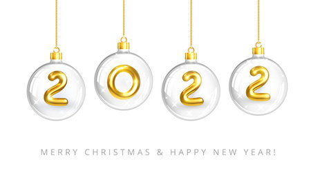 Happy New Year 2022. Hanging Transparent Glass Christmas Balls with Gold Numbers 2022 inside. X-mas decoration isolation on white. For holiday poster, banner, cover. Realistic 3d vector illustrationのイラスト素材