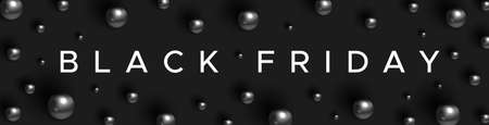 Black Friday banner. White text on a black background with black shiny pearls. Realistic 3d Vector illustrationのイラスト素材