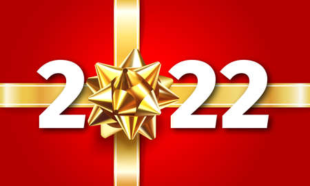 2022 Happy New Year vector background with golden gift bow and number 2022. Festive Party Decoration. Christmas celebrate design. Realistic 3d vector illustrationのイラスト素材