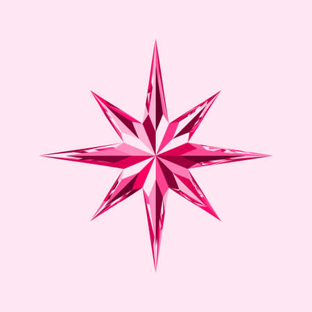 Red Crystal Eight Pointed Star. Beautiful ruby geo sign icon, wind rose, Christmas Star. Decor for Greeting Cards, Christmas tree, Banners, Posters, Invitations, Birthdays, Awards. Vector illustrationのイラスト素材