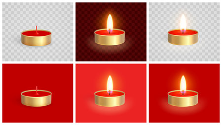 Realistic red candle in gold metal case isolated on red and transparent background. Template for greeting card, invitation and various design products. Realistic 3d vector objectのイラスト素材