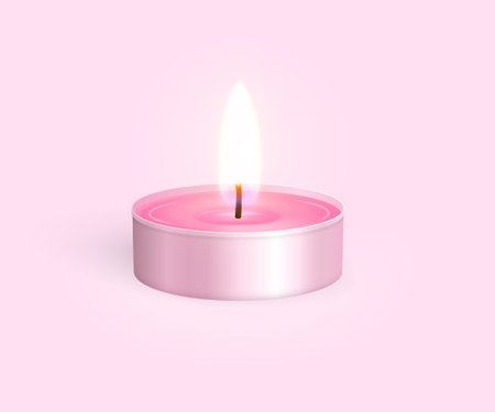 Coral tea light. Realistic coral scented candle in a rosy metal case on pink. Item for wellness and relaxation. Decorative design element. Template for holidays design. Realistic 3d vector objectのイラスト素材