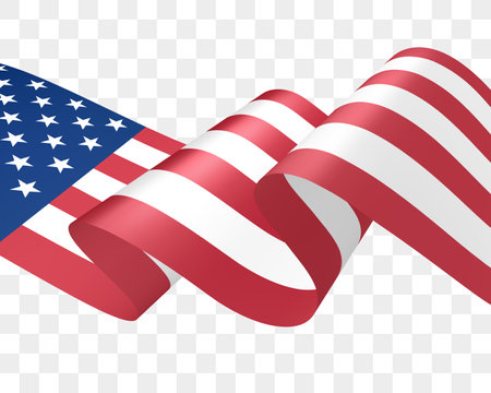Waving ribbon flag of the United States. Wavy US flag illustration. Stylized American flag on transparent background. US, USA, banner. 3d vector illustrationのイラスト素材