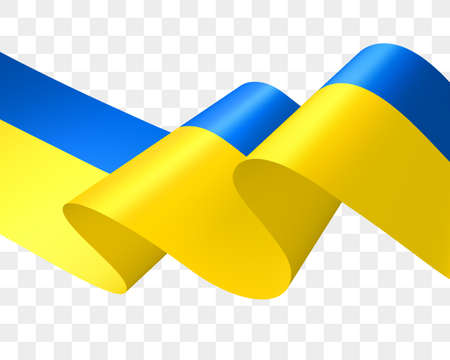 Waving ribbon flag of the Ukraine. Ukrainian flag flutters in the wind. Wavy Ukrainian flag isolated on transparent background. Blue and yellow ribbon. Realistic 3d vector illustrationのイラスト素材