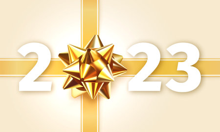 2023 Gift Box Decoration. Happy New Year Greeting Card with a gold ribbon gift bow and the number...
