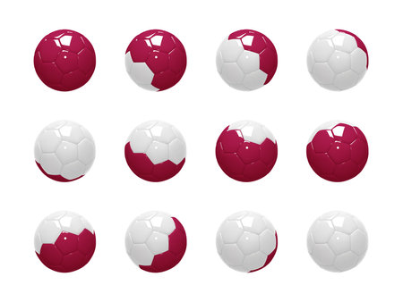Set of Soccer Balls. Football Balls cartoon shiny plastic realistic 3d render. White, Maroon and styled after the Flag of Qatar. Mockup of sports elements isolated on white. 3d vector illustrationのイラスト素材