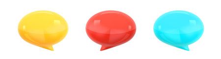 Notification Message Dialog. Set of glossy plastic or rubber speech bubble icon in red, yellow, blue. Realistic cartoon style design. Object isolated on white background. 3D render Vector illustrationのイラスト素材