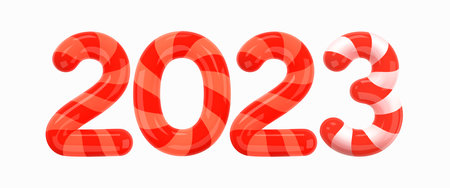 2023 Red and White Numbers with Red Ribbon Wrapping. Merry Christmas and Happy New Year 2023 greeting card template. Cartoon style numerals isolated on white background. 3d Vector illustrationのイラスト素材