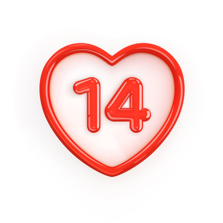 Valentine's day symbol. Red Heart Frame with the number 14 in the center. February 14 calendar date. 3d realistic gloss plastic design. Valentines Day decoration. Conceptual symbol. 3d vector objectのイラスト素材