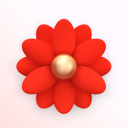 Red flower. Abstract chamomile, daisy flower. Realistic 3d design decoration element in matte plastic cartoon style. Icon isolated on white. For holiday banners and designs. 3D Vector illustrationのイラスト素材