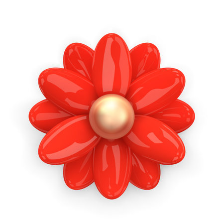 Red flower. Abstract minimal chamomile, daisy flower. Realistic 3d design decoration element in glossy plastic cartoon style isolated on white. For holiday banners and designs. 3D Vector illustrationのイラスト素材