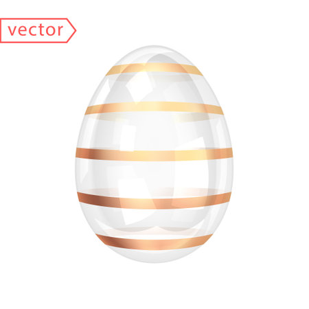 Glass Shiny Easter Egg with Gold Stripes. Beautiful Easter Gift. Image of transparent glossy crystal-gold egg isolated on white background. 3d decoration for easter design. 3D vector illustrationのイラスト素材