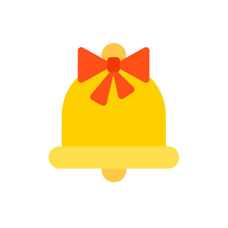 Christmas Bell. Flat icon of yellow handbell with red bow isolated on white background.のイラスト素材