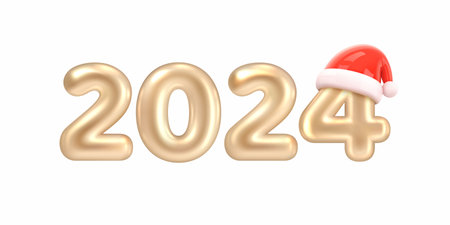 2024 New Year. Gold Number 2024 with Santa Claus Hat isolated on white background. Christmas Decorations. Calendar Header 2024 Happy New Year Holiday Poster. Realistic 3d Vector illustrationのイラスト素材
