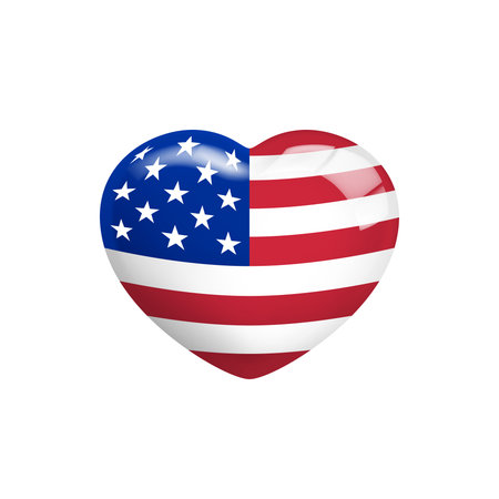 USA Flag Heart Symbol. US Flag Icon in the Shape of Heart isolated on white background. Flag of United States of America with Love symbol. Conceptual symbol. Love for the country. Stock 3D Vector Iconのイラスト素材